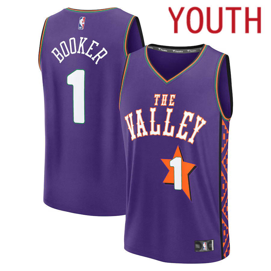 Youth Phoenix Suns #1 Devin Booker Fanatics Purple City Edition 2024-25 Fast Break Player NBA Jersey->youth nba jersey->Youth Jersey